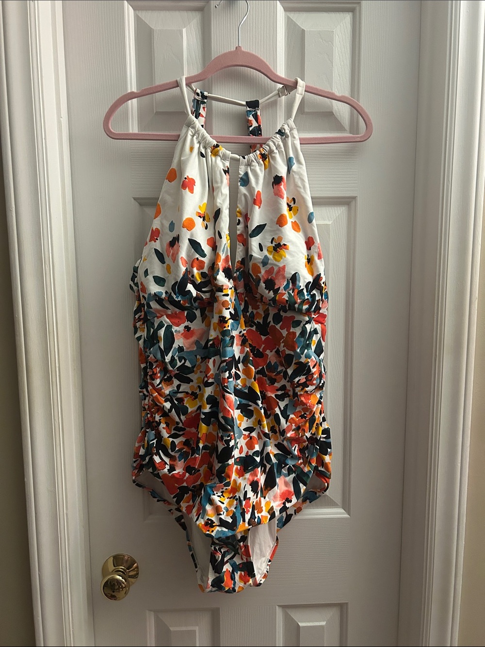 Anne Cole White One-Piece Swimsuit with Coral, Yellow and Teal Floral Print
